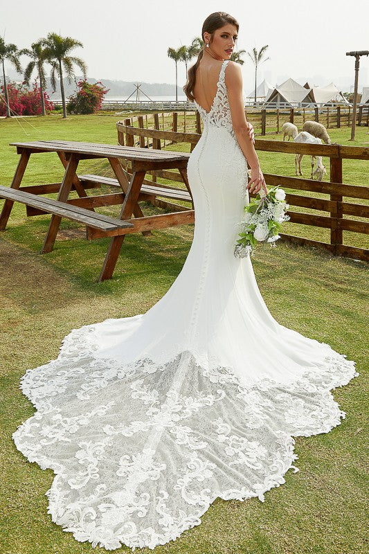 Sheath/Column Crepe Lace V-neck Sleeveless Cathedral Train Wedding Dresses