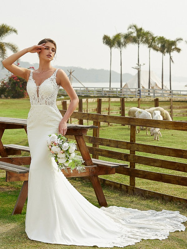Sheath/Column Crepe Lace V-neck Sleeveless Cathedral Train Wedding Dresses