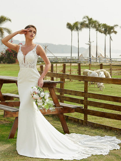 Sheath/Column Crepe Lace V-neck Sleeveless Cathedral Train Wedding Dresses