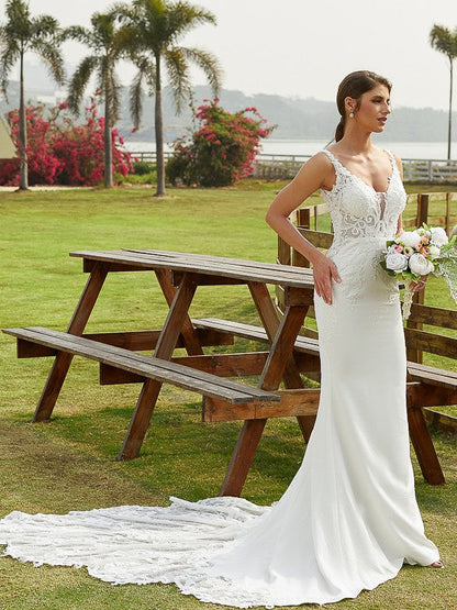 Sheath/Column Crepe Lace V-neck Sleeveless Cathedral Train Wedding Dresses