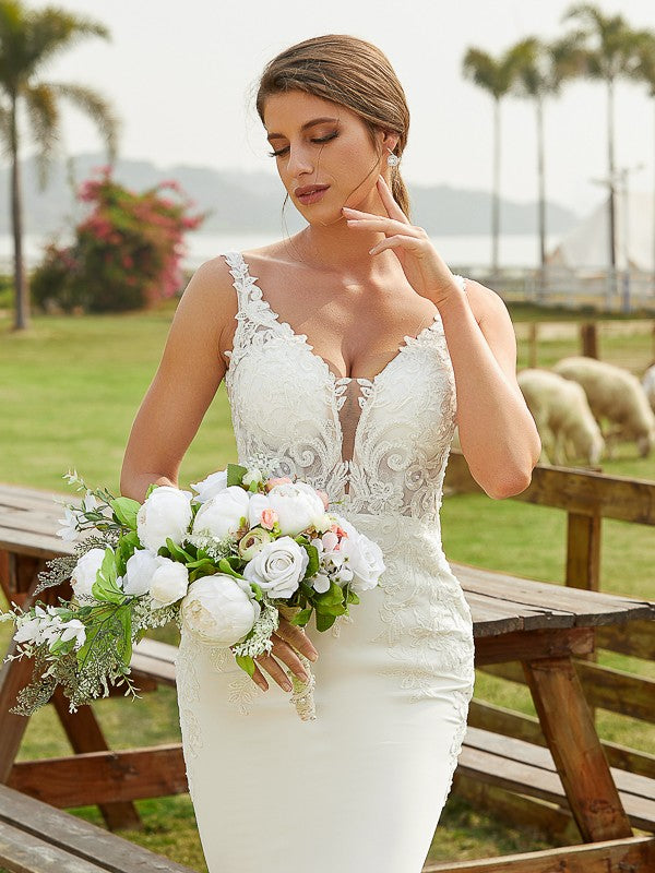 Sheath/Column Crepe Lace V-neck Sleeveless Cathedral Train Wedding Dresses