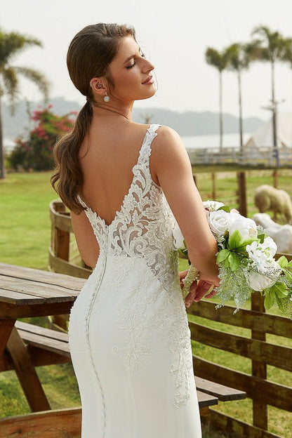 Sheath/Column Crepe Lace V-neck Sleeveless Cathedral Train Wedding Dresses