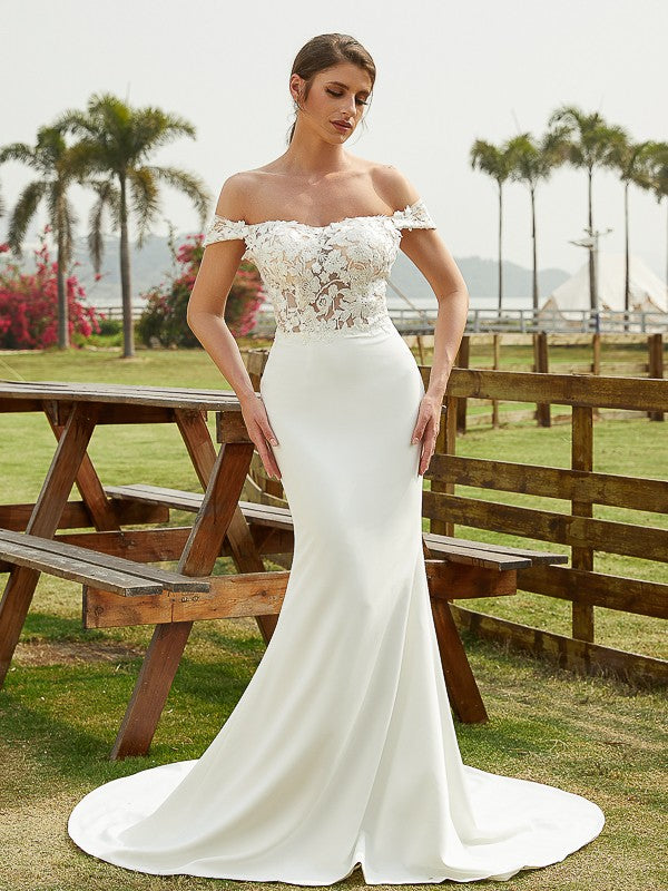 Sheath/Column Crepe Lace Off-the-Shoulder Sleeveless Court Train Wedding Dresses