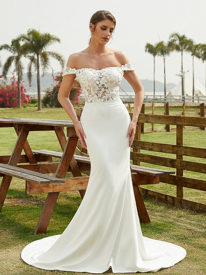 Sheath/Column Crepe Lace Off-the-Shoulder Sleeveless Court Train Wedding Dresses