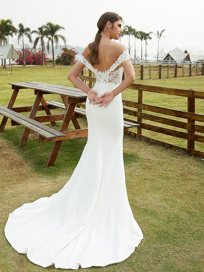 Sheath/Column Crepe Lace Off-the-Shoulder Sleeveless Court Train Wedding Dresses