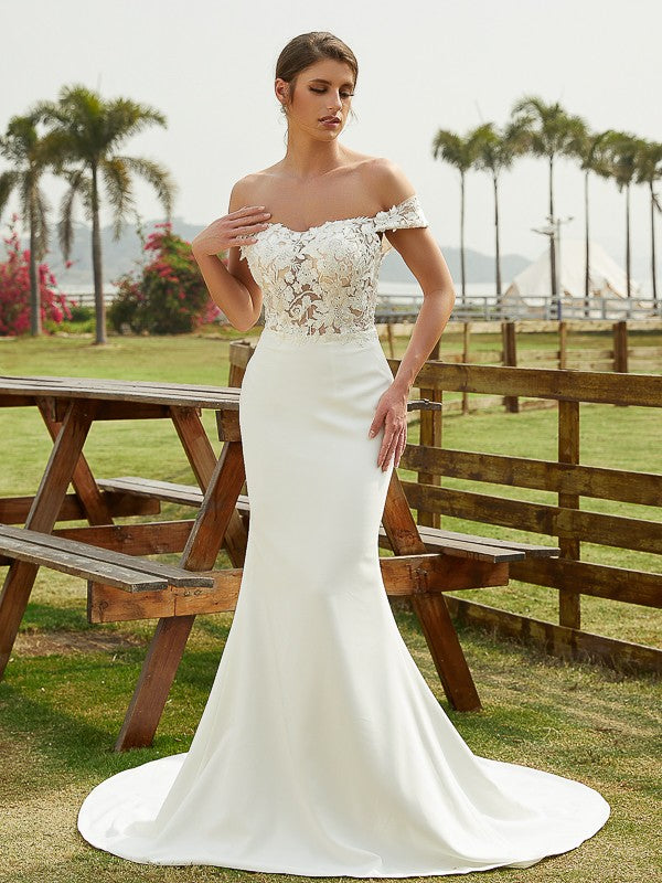 Sheath/Column Crepe Lace Off-the-Shoulder Sleeveless Court Train Wedding Dresses