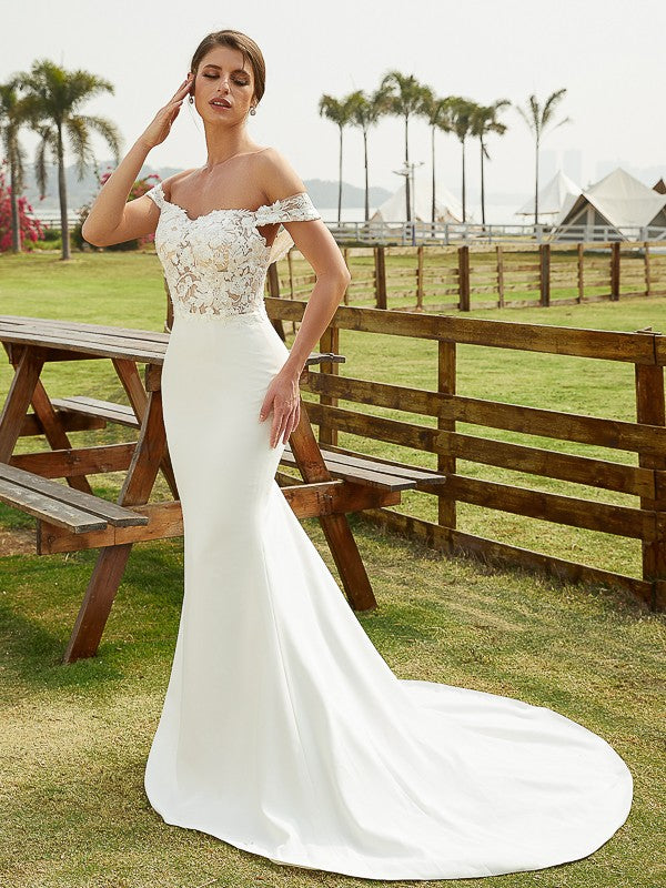 Sheath/Column Crepe Lace Off-the-Shoulder Sleeveless Court Train Wedding Dresses