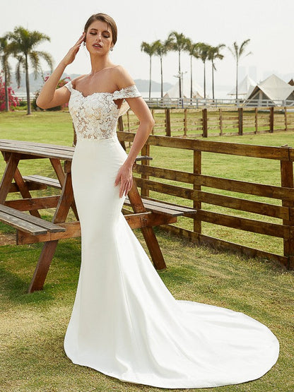 Sheath/Column Crepe Lace Off-the-Shoulder Sleeveless Court Train Wedding Dresses