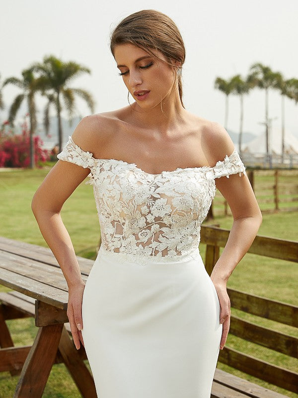 Sheath/Column Crepe Lace Off-the-Shoulder Sleeveless Court Train Wedding Dresses