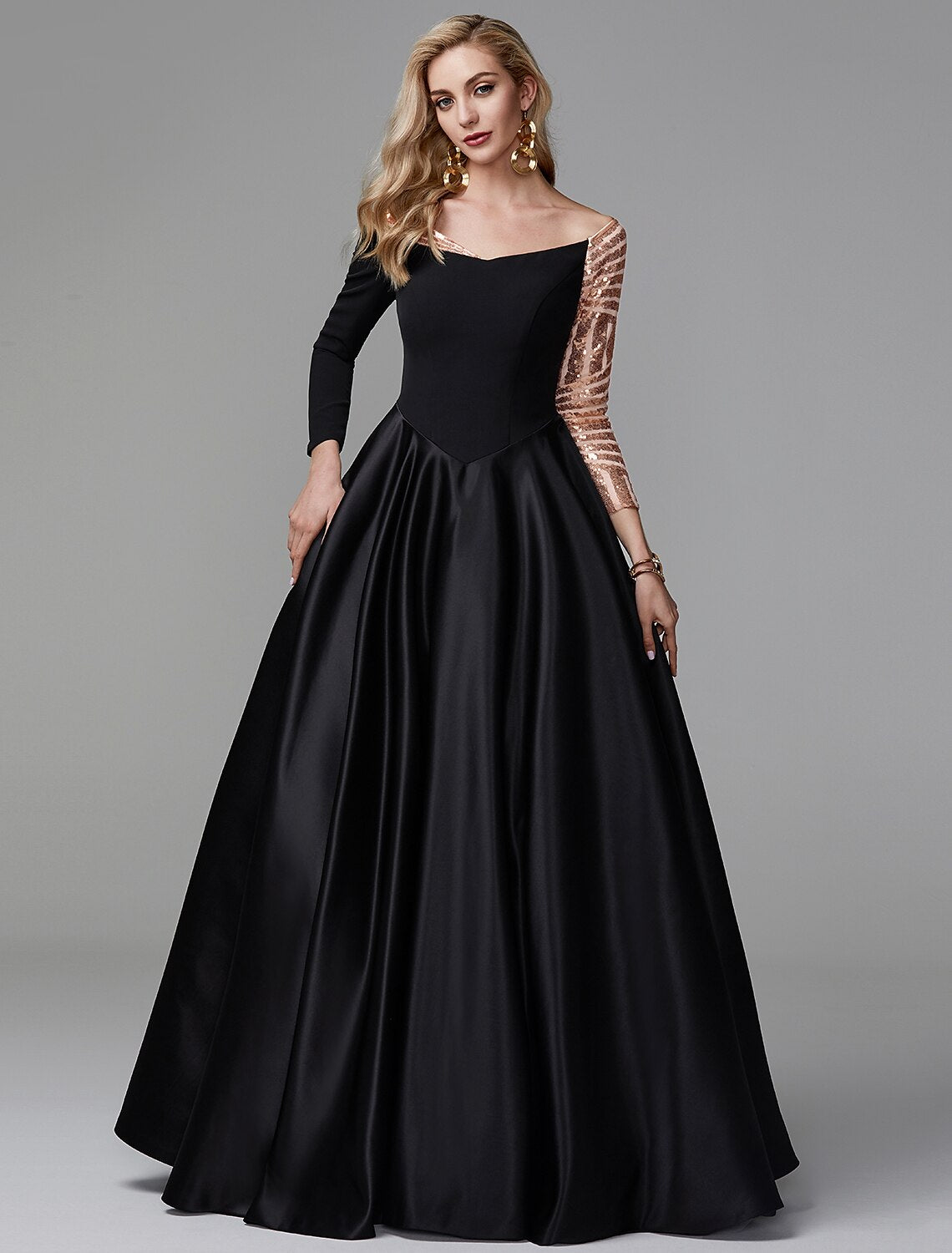 Ball Gown Black Dress Vintage Quinceanera Formal Evening Floor Length Long Sleeve Off Shoulder Satin with Sequin 2026