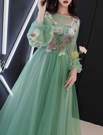 A-Line Prom Dresses Luxurious Dress Valentine's Day Wedding Guest Floor Length Long Sleeve Illusion Neck Tulle with Appliques