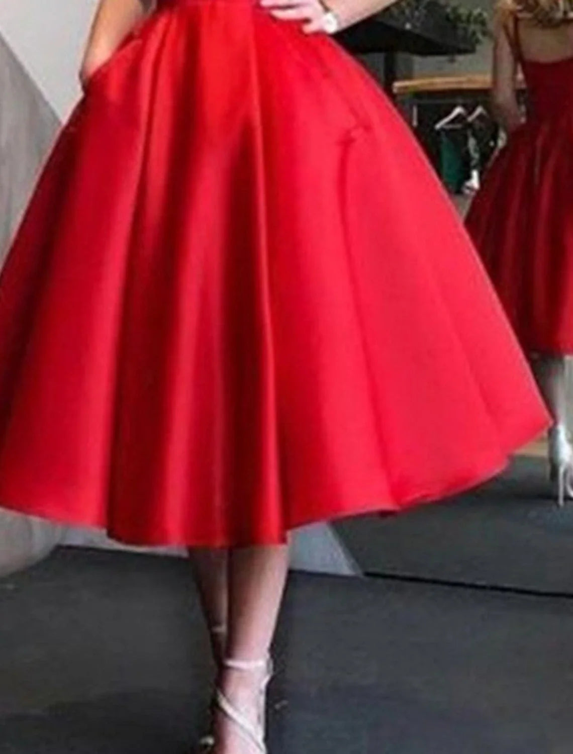 A-Line Elegant Sleeveless Spaghetti Strap Satin with Pleats Tea Length Homecoming Dresses