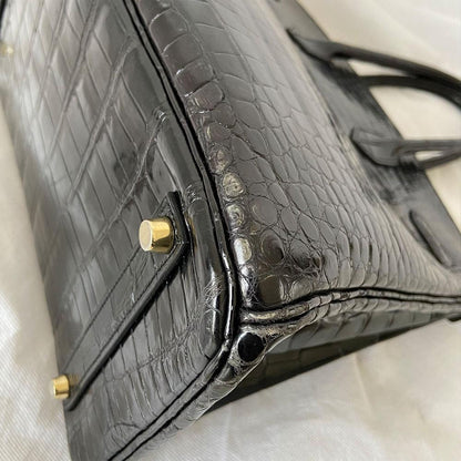 Hermès Black Shiny Porosus Crocodile Leather Gold Hardware Birkin 35 Bag