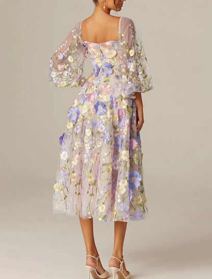 A-Line Prom Dresses Vintage Dress Valentine's Day Prom Tea Length Long Sleeve Square Neck Tulle with Appliques