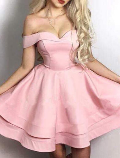 A-Line Cocktail Dresses Elegant Dress Homecoming Graduation Short / Mini Sleeveless Off Shoulder Satin with Draping
