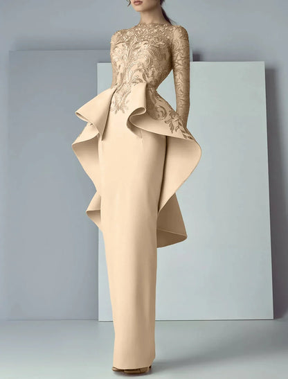 Sheath / Column Mother of the Bride Dress Formal Wedding Guest Elegant Party Scoop Neck Floor Length Lace Fabric Long Sleeve with Ruffles Appliques