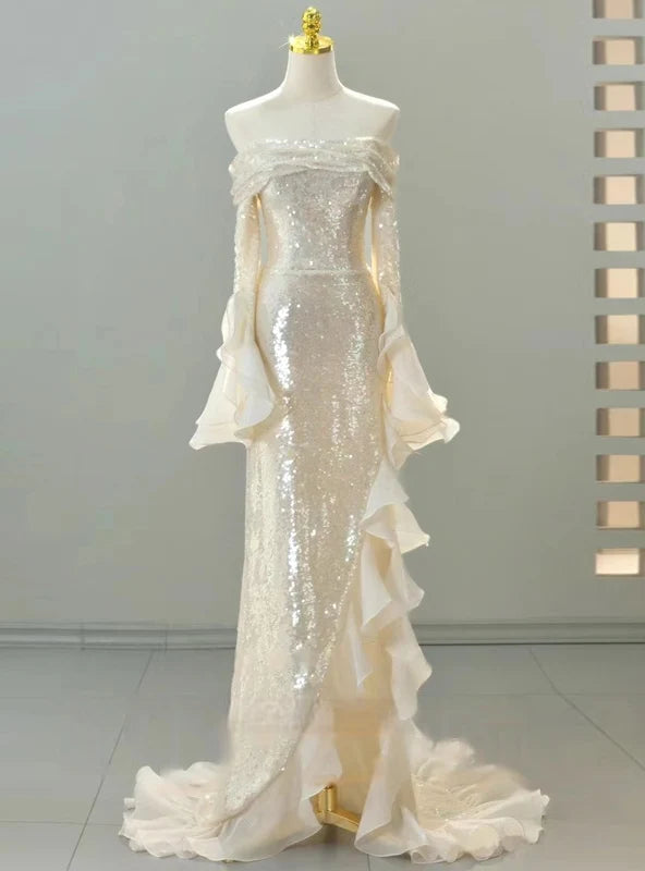 Elegant Champagne Sequin Off-the-Shoulder Mermaid Evening Gown Ruffled Bell Sleeves Prom Dress TP5627