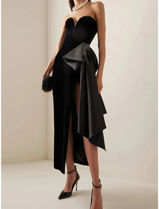 Sheath / Column Cocktail Dresses Elegant Dress Formal Black Dress Ankle Length Sleeveless Sweetheart Satin with Bow(s) Slit