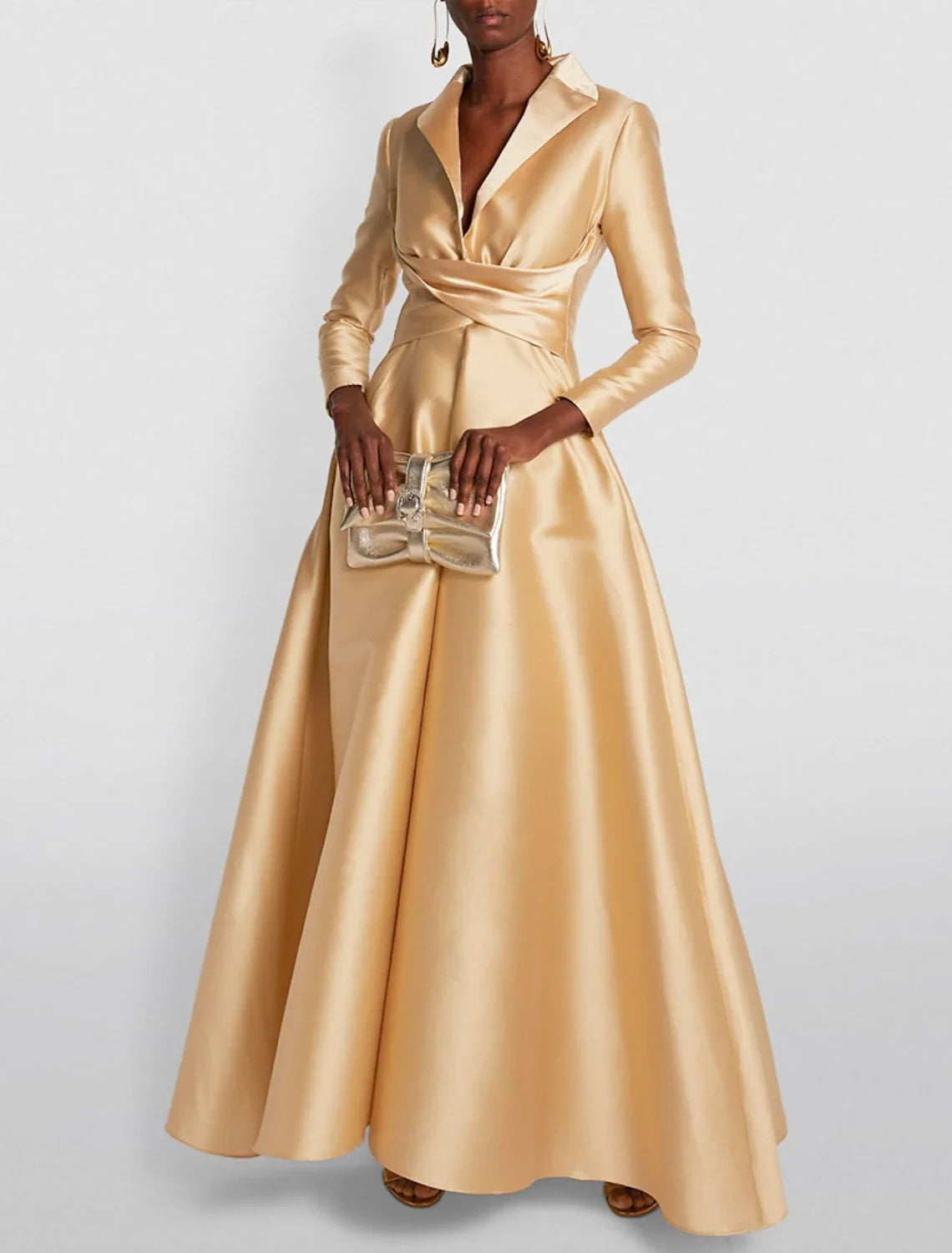 A-Line Evening Gown Elegant Christmas Red Green Dress Formal Wedding Guest Floor Length Long Sleeve Shirt Collar Satin with Ruched 2026