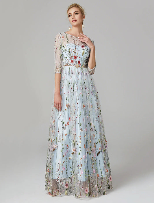 A-Line Evening Gown Party Dress Floral Dress Holiday Wedding Guest Floor Length 3/4 Length Sleeve Illusion Neck Lace with Embroidery 2025