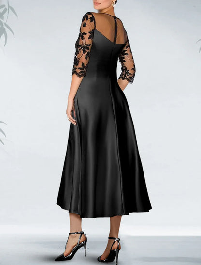 A-Line Cocktail Black Dress Plus Size Appliques Elegant Dress Fall Wedding Guest Dress For Mother Knee Length 3/4 Length Sleeve Off Shoulder Pocket Satin with Beading Pocket 2026