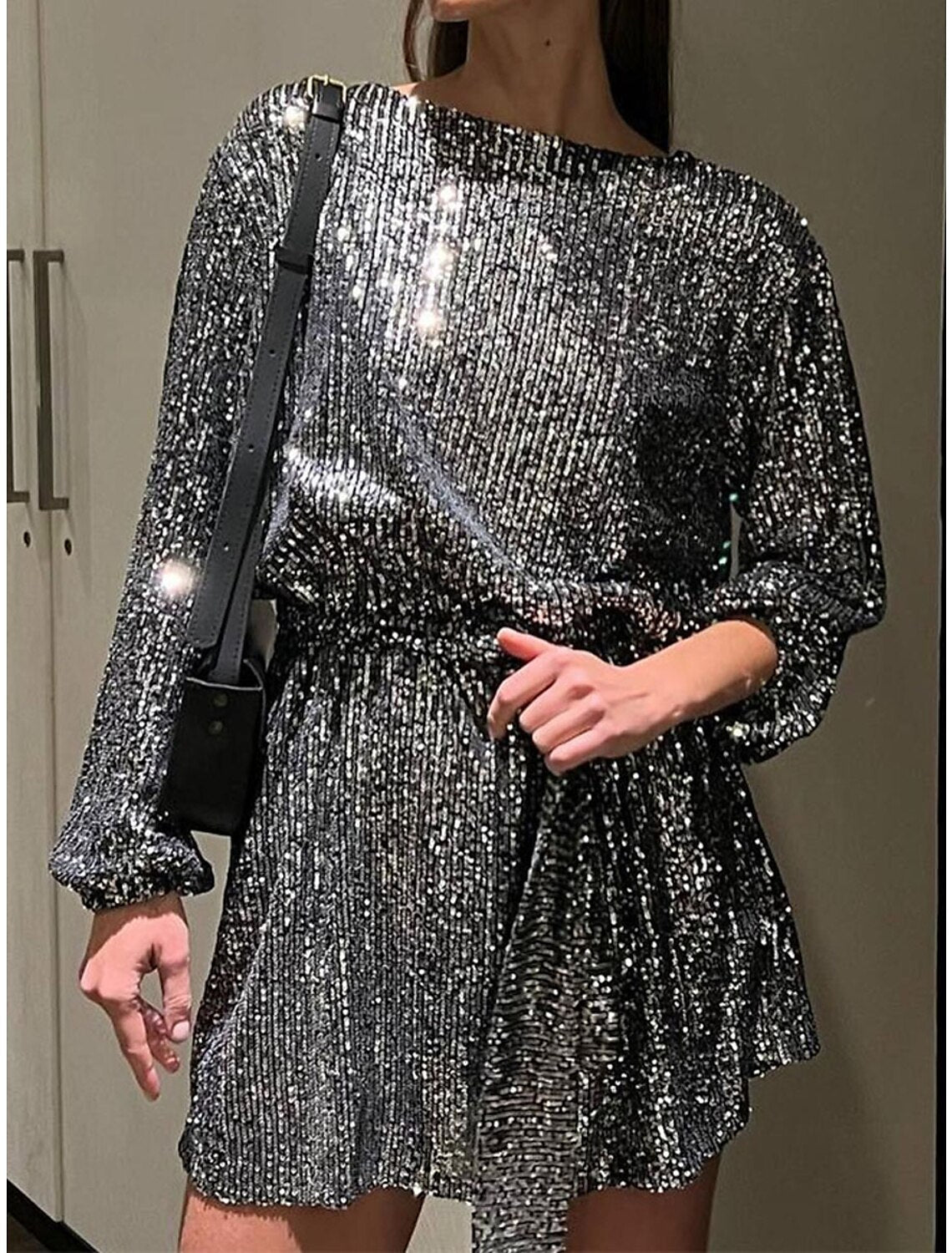 Women's Sequin Dress Party Dress Homecoming Dress Mini Dress Silver Black White Long Sleeve Pure Color Lace up Fall Winter Autumn Crew Neck Red Valentines Dress Winter Dress Valentine's Day Wedding