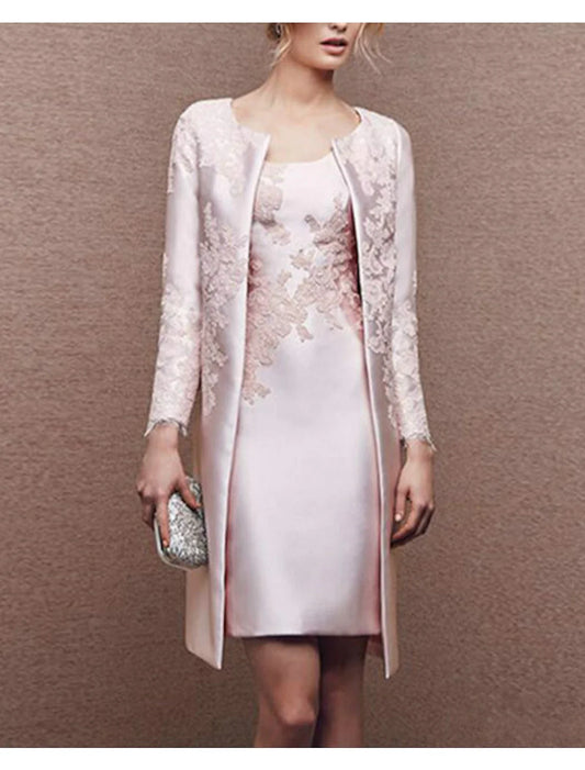 Two Piece Sheath / Column Mother of the Bride Dress Fall Wedding Guest Dresses Church Plus Size Elegant Scoop Neck Knee Length Satin Lace Sleeveless Wrap Included Jacket Dresses with Appliques