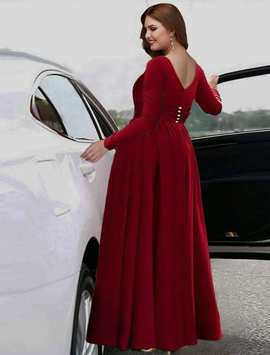 A-Line Empire Plus Size Holiday Formal Evening Dress V Neck Long Sleeve Floor Length Chiffon with Pleats Slit Pure Color 2026