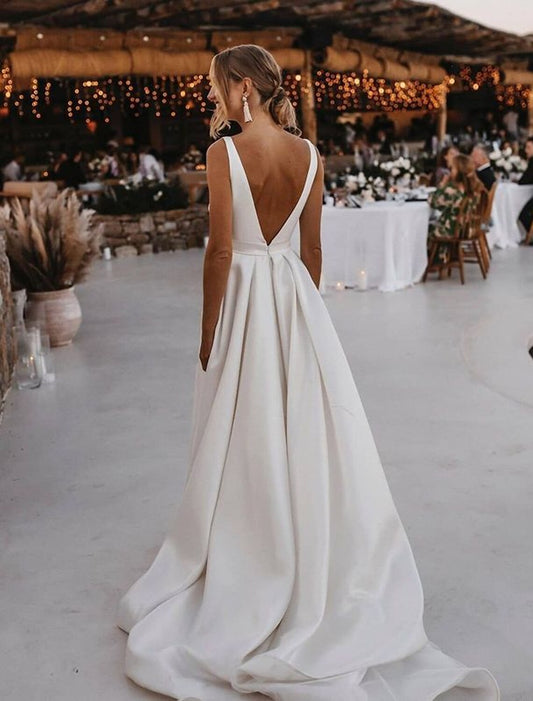 Beach Casual Wedding Dresses A-Line V Neck Sleeveless Court Train Satin Bridal Gowns With Sashes / Ribbons Sash / Ribbon Summer Wedding Party Women's Clothing