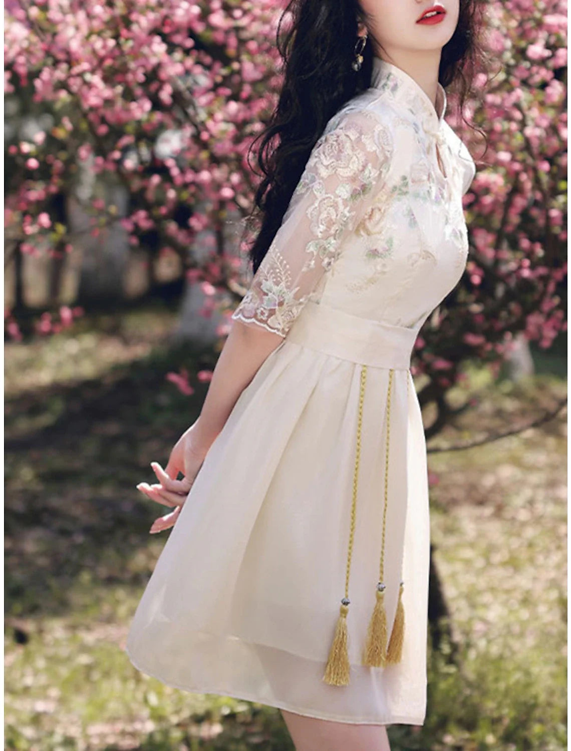 A-Line Chinese Style Elegant Graduation Prom Dress Stand Collar Half Sleeve Short / Mini Chiffon with Tassel Embroidery