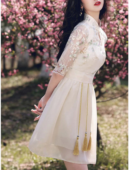 A-Line Chinese Style Elegant Graduation Prom Dress Stand Collar Half Sleeve Short / Mini Chiffon with Tassel Embroidery