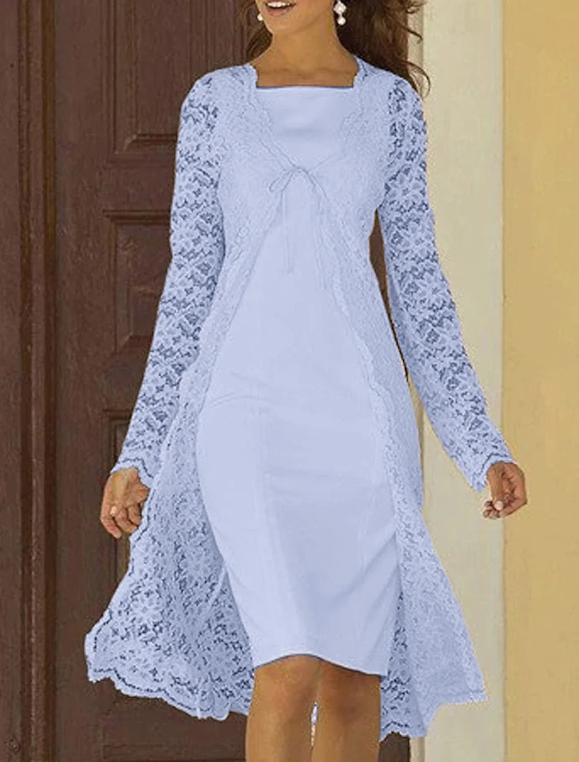 Two Piece Sheath / Column Mother of the Bride Dress Wedding Guest Church Elegant Square Neck Knee Length Chiffon Lace Sleeveless Jacket Dresses with Solid Color