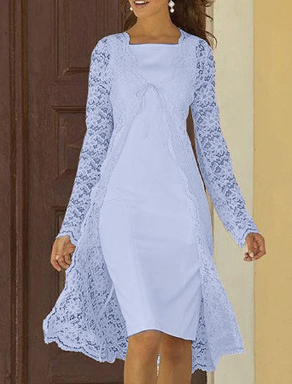Two Piece Sheath / Column Mother of the Bride Dress Wedding Guest Church Elegant Square Neck Knee Length Chiffon Lace Sleeveless Jacket Dresses with Solid Color