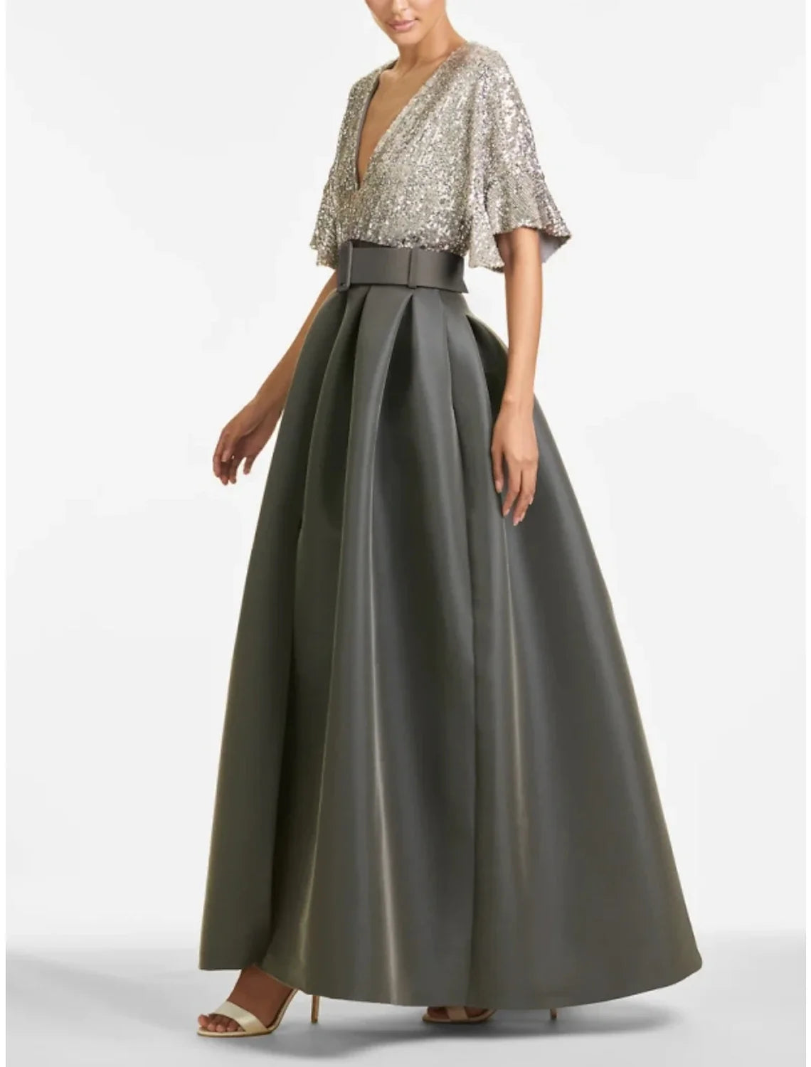 A-Line Evening Gown Sparkle & Shine Dress Formal Wedding Guest Ankle Length Half Sleeve V Neck Satin with Glitter Pleats 2026