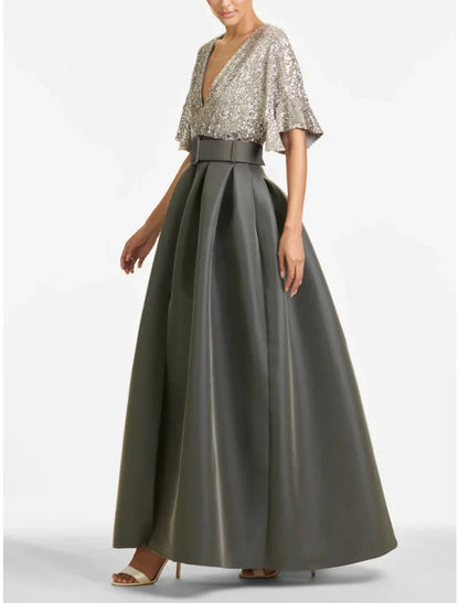 A-Line Evening Gown Sparkle & Shine Dress Formal Wedding Guest Ankle Length Half Sleeve V Neck Satin with Glitter Pleats 2026