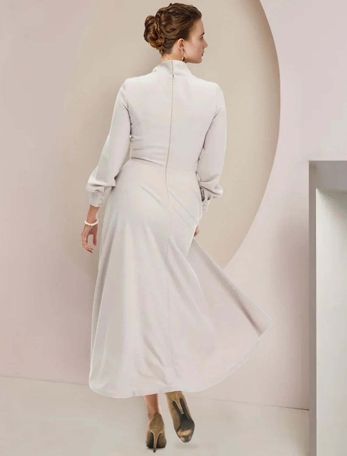 A-Line Mother of the Bride Dress Formal Wedding Guest Party Elegant High Neck Asymmetrical Tea Length Chiffon Long Sleeve with Bow(s)