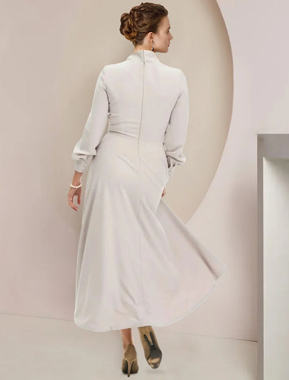 A-Line Mother of the Bride Dress Formal Wedding Guest Party Elegant High Neck Asymmetrical Tea Length Chiffon Long Sleeve with Bow(s)