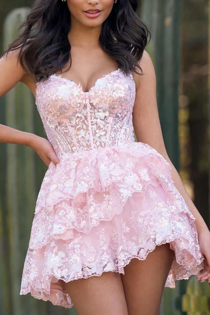 A-Line Thin Shoulder Strap Trendy Pink Cute Short/Mini Homecoming Dress