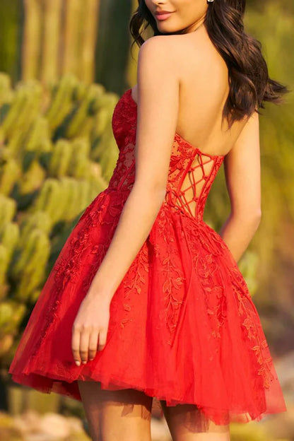 A-line Sweetheart off shoulder Lace Sticker Illusion waist Red Short Homecoming Dress