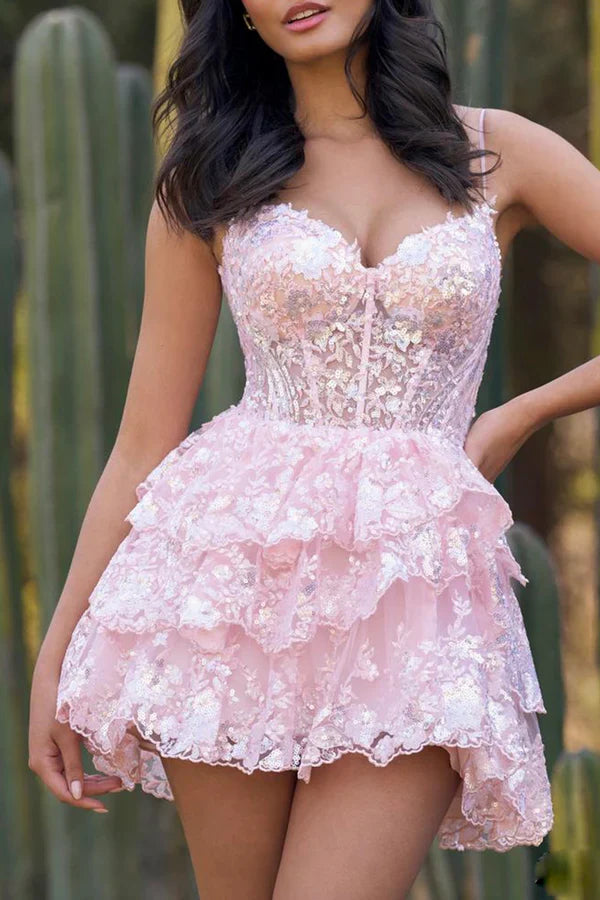 A-Line Thin Shoulder Strap Trendy Pink Cute Short/Mini Homecoming Dress
