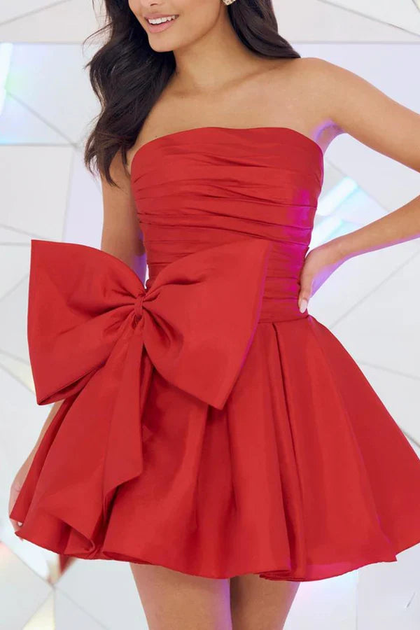 A line off shoulder rinkle details cute bow red short homecoming dress