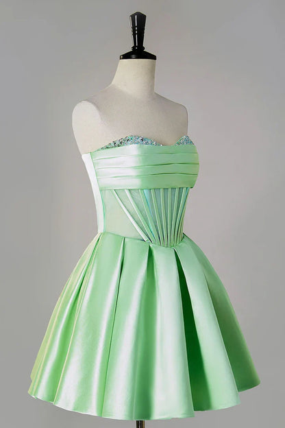 A-line Beads strapless transparent tight corset short back to school dress