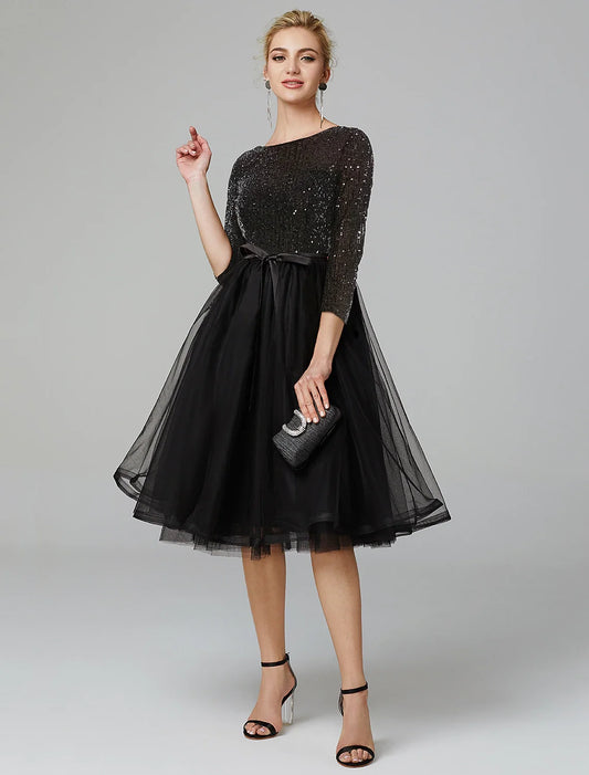 A-Line Cocktail Dresses Sparkle & Shine Dress Formal Wedding Guest Tea Length 3/4 Length Sleeve Jewel Neck Fall Wedding Guest Tulle with Sequin Strappy 2026