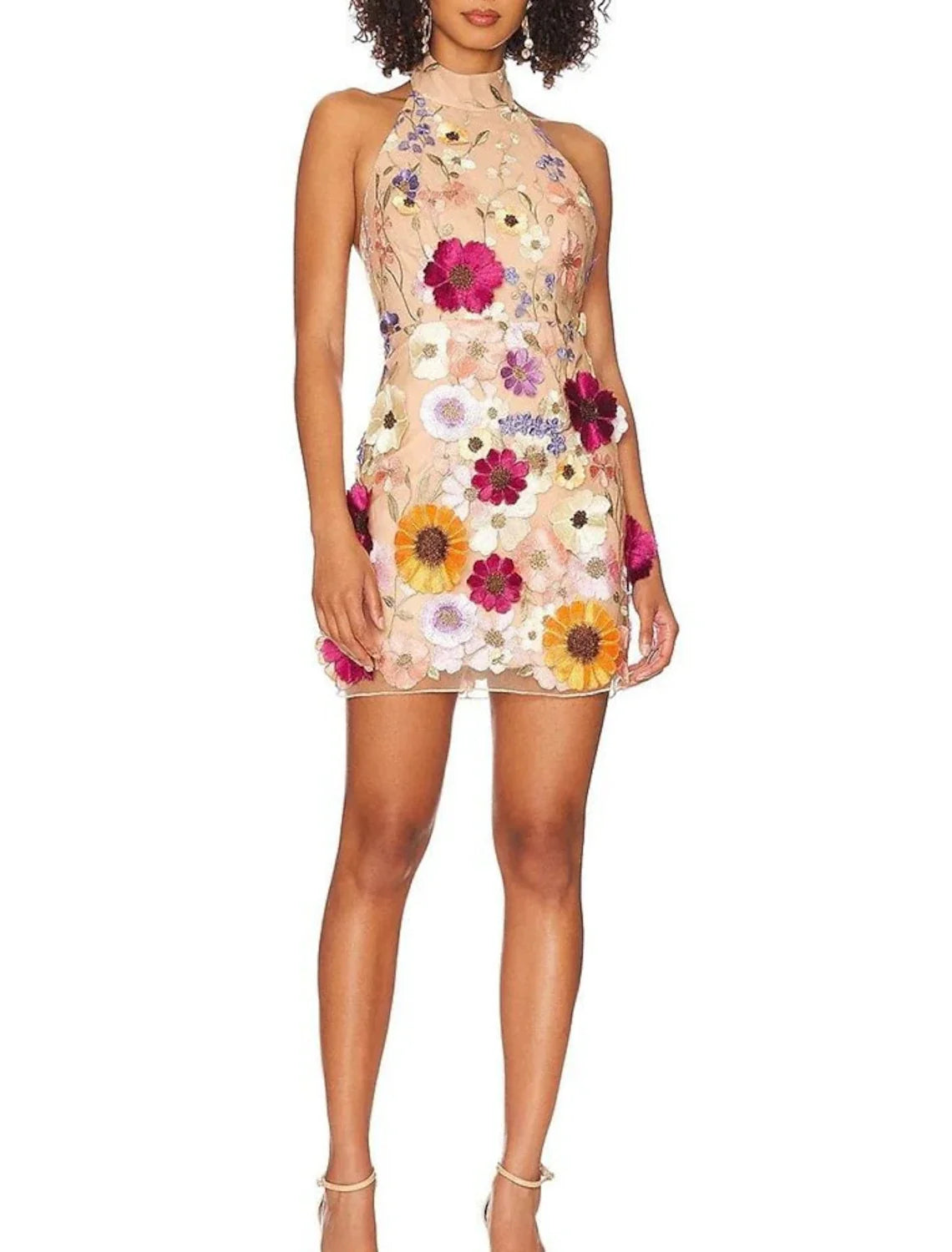 Sheath/Column Halter Neck Sleeveless Lace with Embroidery Short/Mini Pink Homecoming Dresses