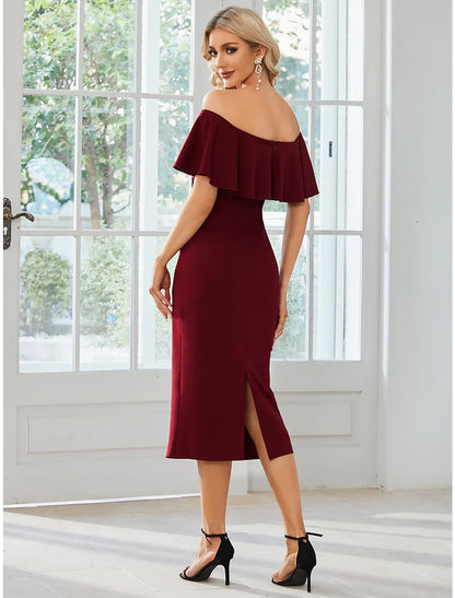 Sheath / Column Wedding Guest Dresses Minimalist Dress Party Wear Wedding Party Tea Length Short Sleeve Off Shoulder Bridesmaid Dress Fabric with Slit Pure Color