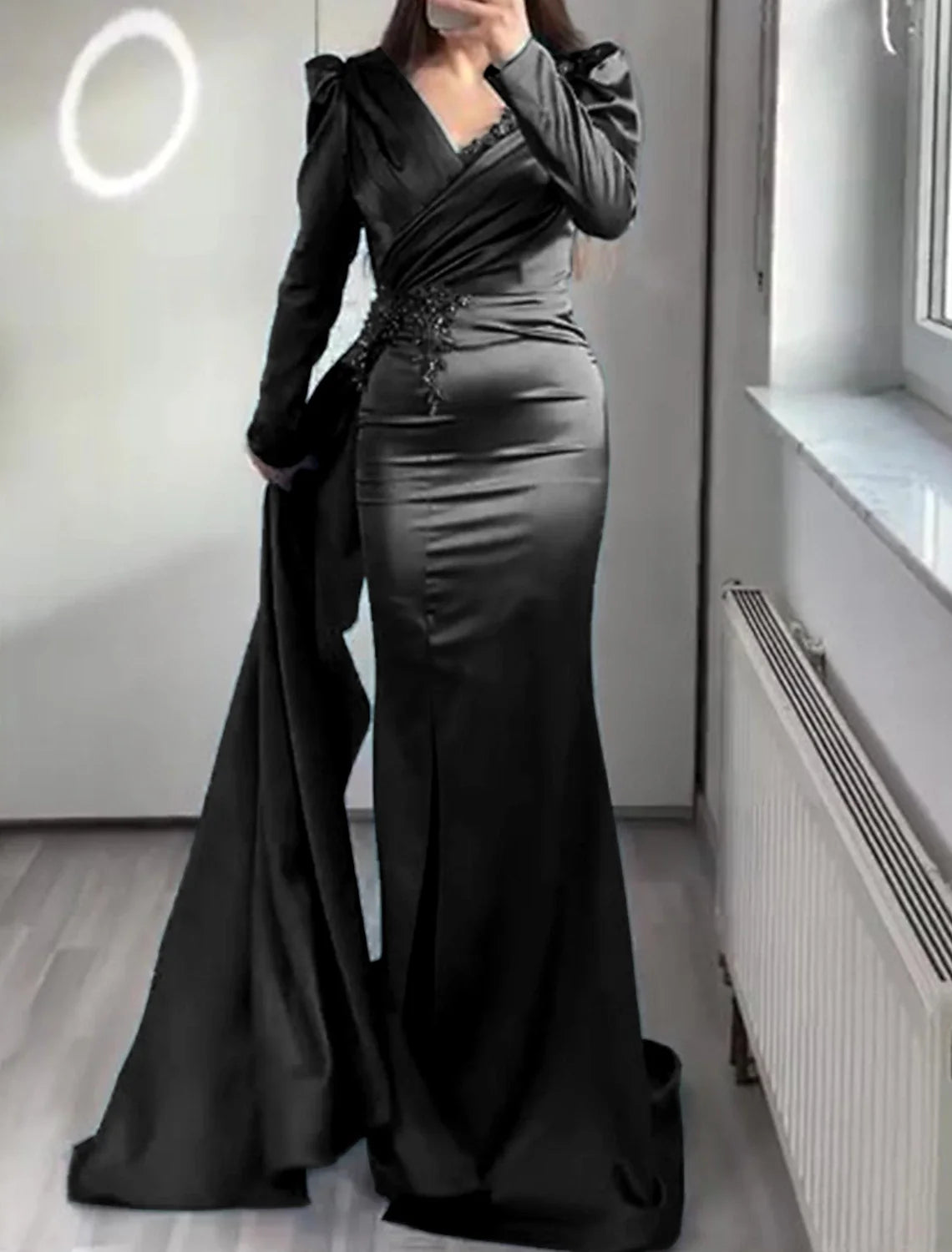 Mermaid Evening Gown Elegant Black Dress Formal Black Tie Floor Length Short Sleeve V Neck African American Satin with Ruched Appliques 2026