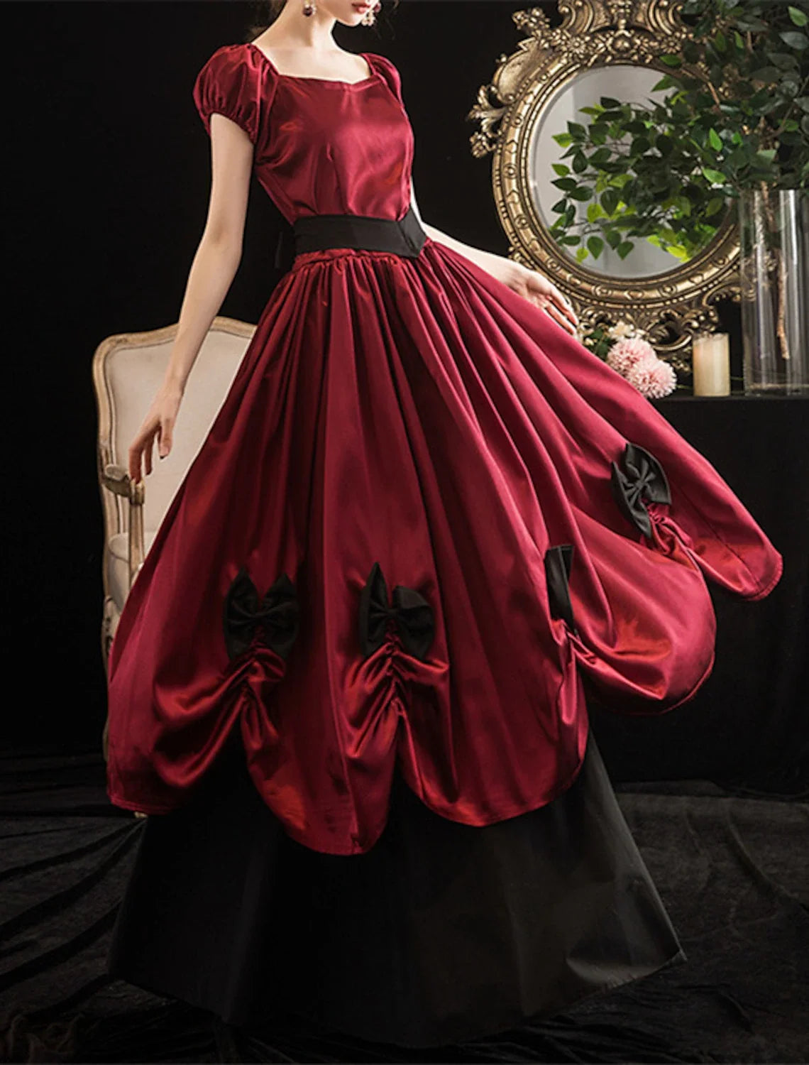 Ball Gown Party Dresses Vintage Dress Halloween Floor Length Short Sleeve Off Shoulder Polyester with Sash / Ribbon Bow(s) Pleats