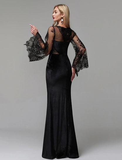Sheath / Column Elegant Dress Wedding Guest Engagement Floor Length Long Sleeve Illusion Neck Lace with Lace Insert
