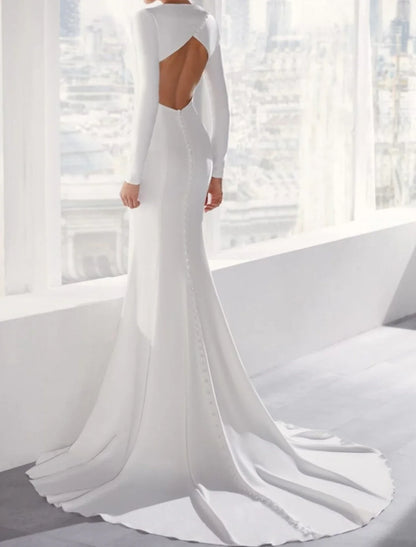 Hall Open Back Simple Wedding Dresses Mermaid / Trumpet Scoop Neck Long Sleeve Court Train Fabric Bridal Gowns With Buttons