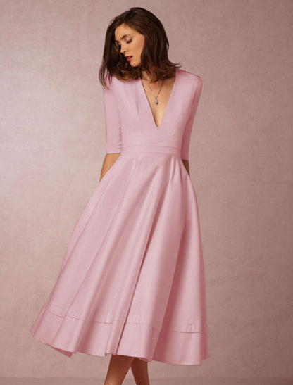 A-Line Special Occasion Dresses Party Dress Holiday Wedding Guest Tea Length Half Sleeve V Neck Pocket Jersey with Pleats White & Ivory ship in 48 hours